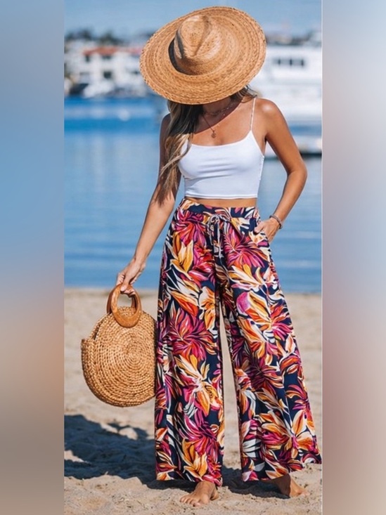 C&C California Pants - C & C California 100% Linen Wide Pants w/Pockets Tropical Floral Beach Sz Large